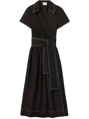 Women's Black Wrap Midi Dress with White Topstitching Claudie Pierlot